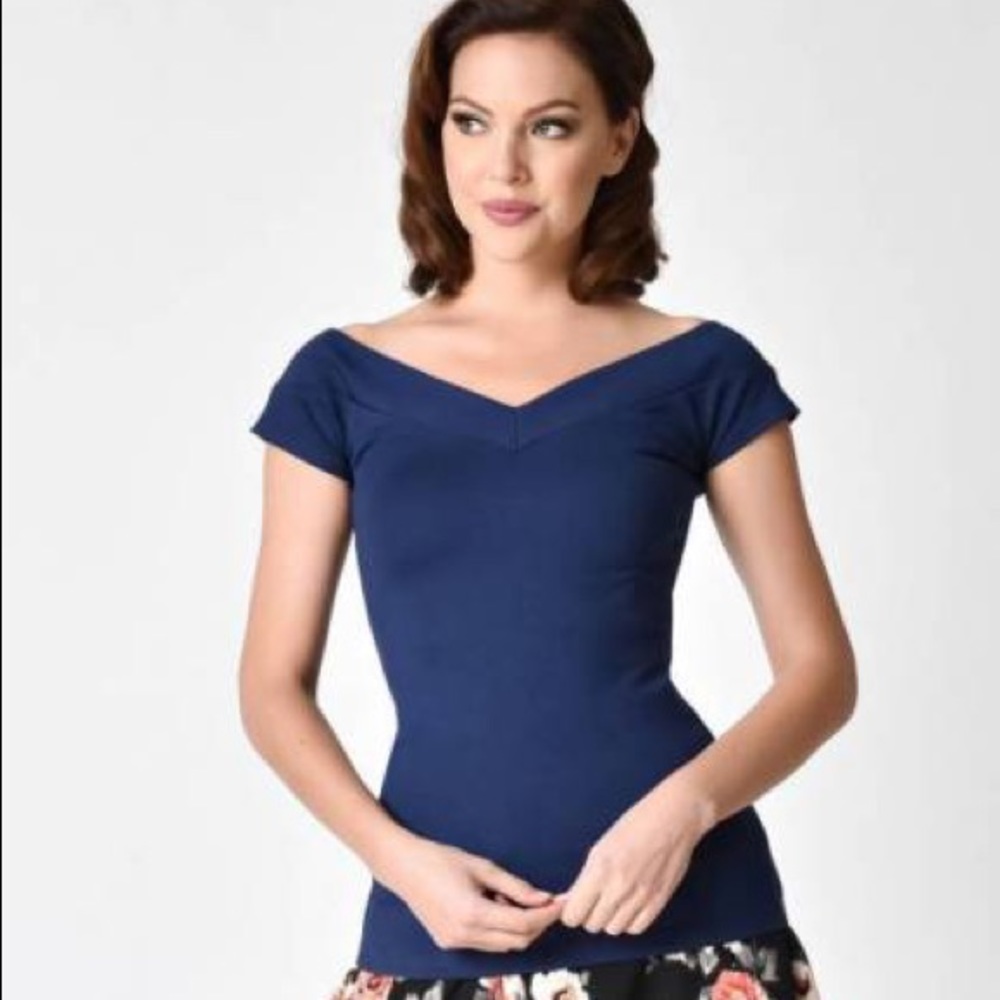 Unique Vintage-  Navy Double V-neck Top